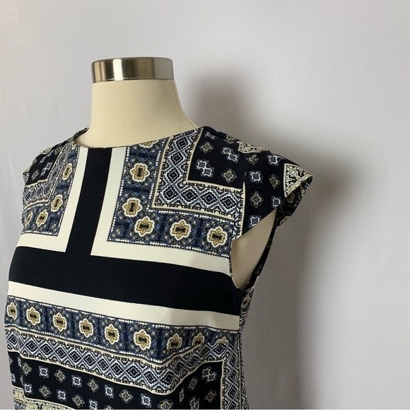 Mango MNG Basics Size XXS Blue Geometric Print Cap Sleeve Handkerchief Dress - Picture 2 of 9